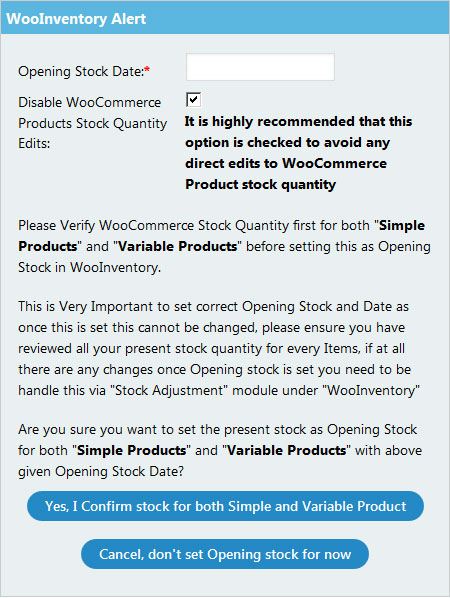WooInventory Opening Stock Date Alert